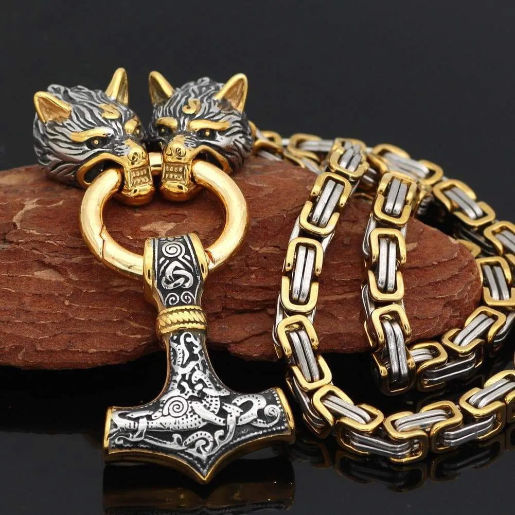 Stainless Steel Two-Tone Nordic Viking Wolf MJOLNIR Necklace