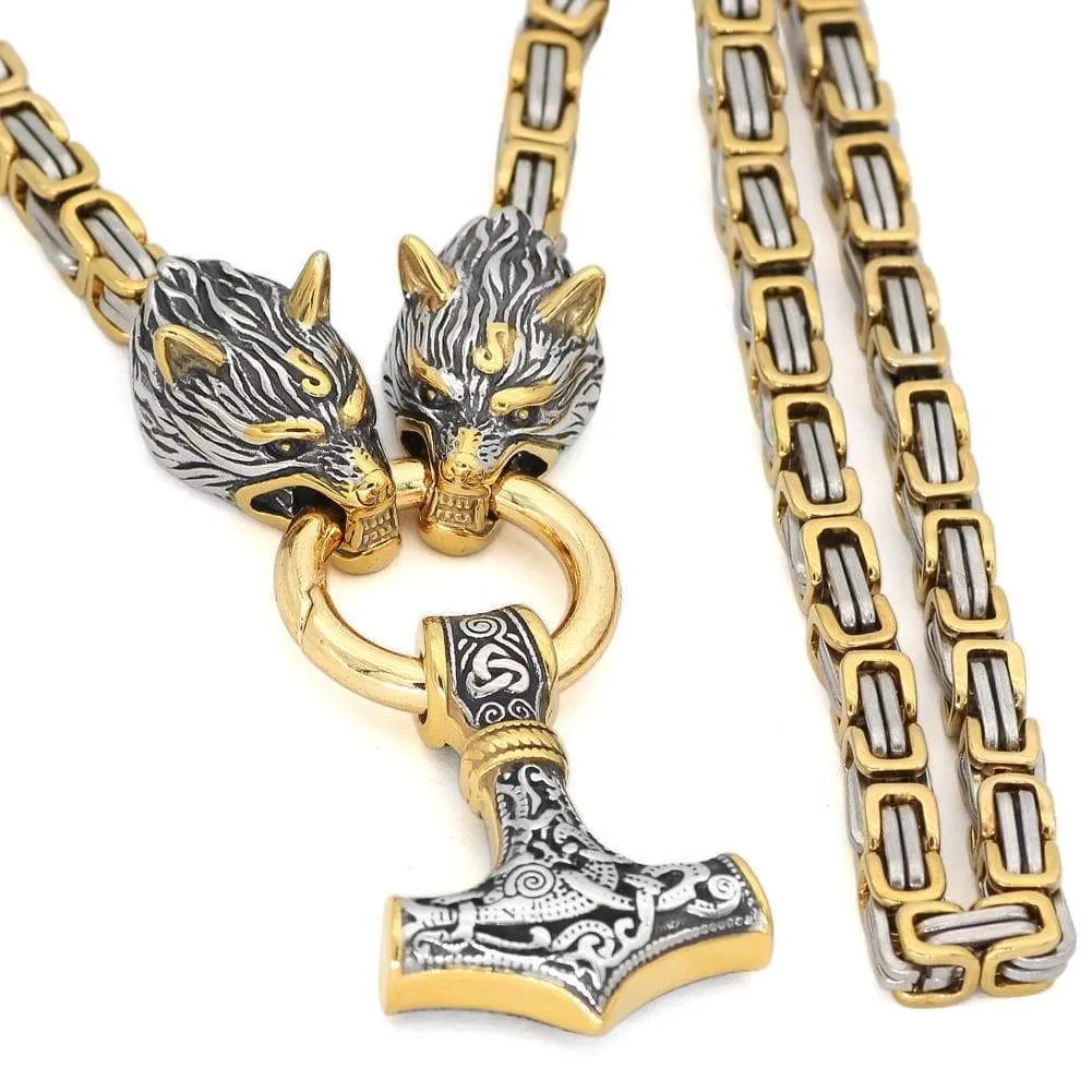 Stainless Steel Two-Tone Nordic Viking Wolf MJOLNIR Necklace