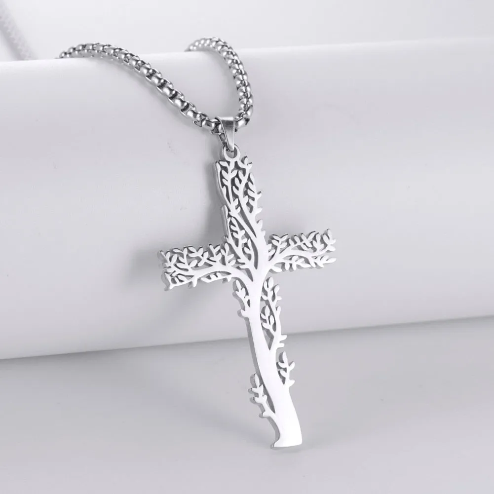 Stainless Steel Viking Tree of Life Cross Pendant Necklace