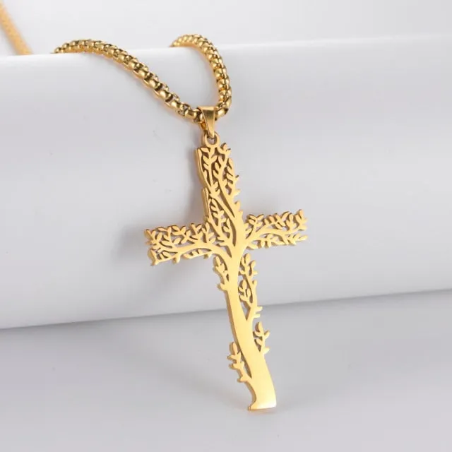 Stainless Steel Viking Tree of Life Cross Pendant Necklace