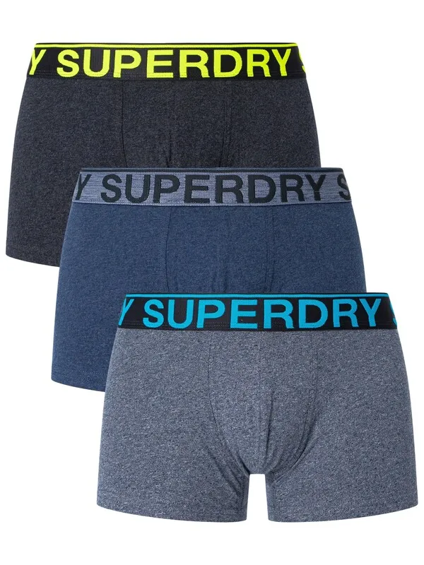 Superdry 3 Pack Organic Cotton Trunks - Frosted Navy Grit/Dark Indigo Blue Marl/Navy