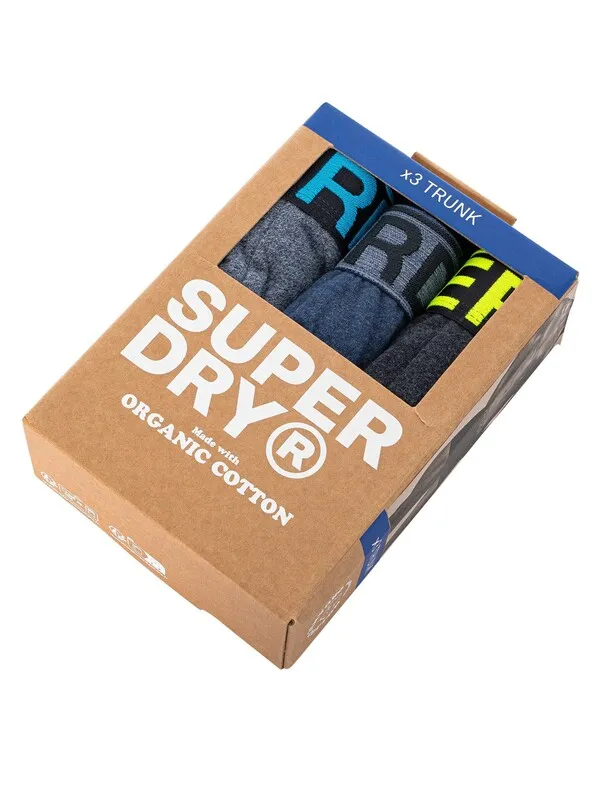 Superdry 3 Pack Organic Cotton Trunks - Frosted Navy Grit/Dark Indigo Blue Marl/Navy