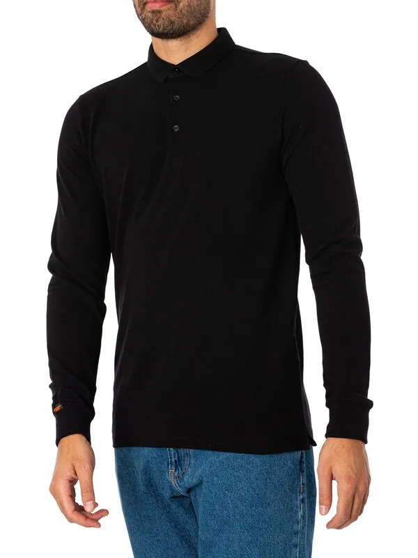 Superdry Longsleeved Cotton Pique Polo Shirt - Black