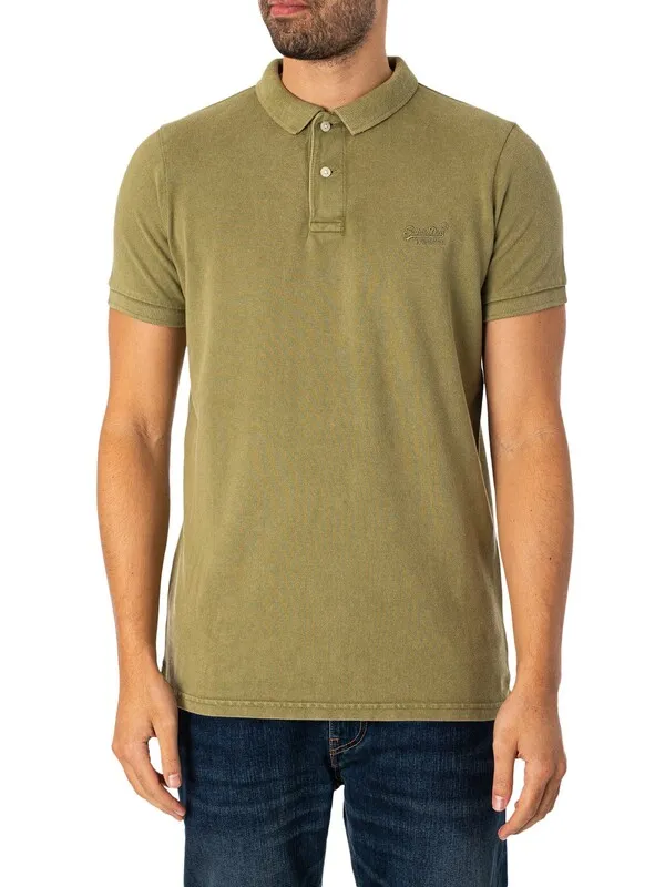 Superdry Vint Destroy Polo Shirt - Olive Khaki