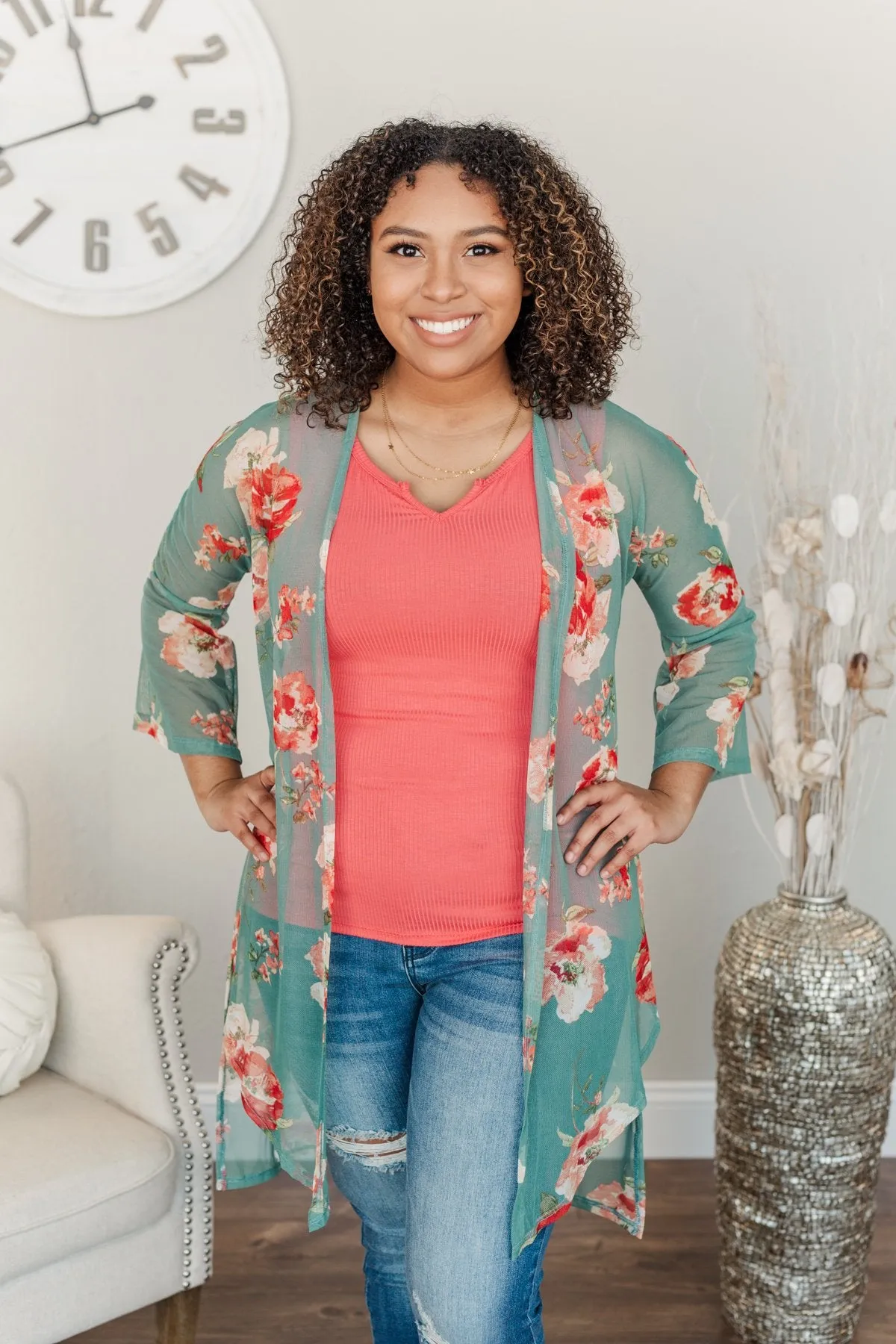 Sweet As A Treat Lightweight Kimono- Dusty Teal