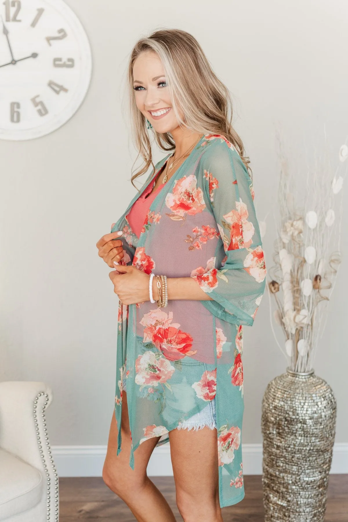 Sweet As A Treat Lightweight Kimono- Dusty Teal