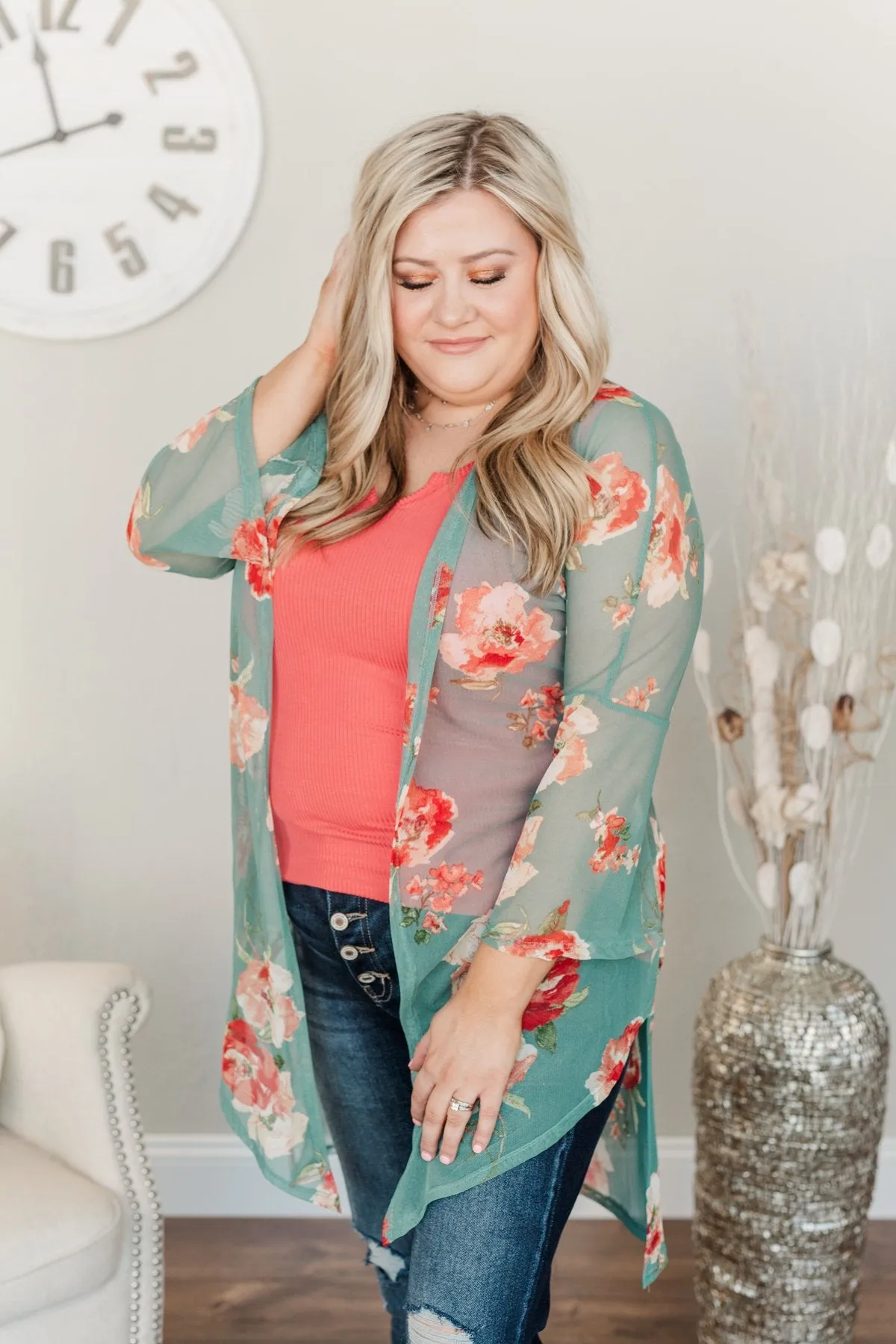 Sweet As A Treat Lightweight Kimono- Dusty Teal