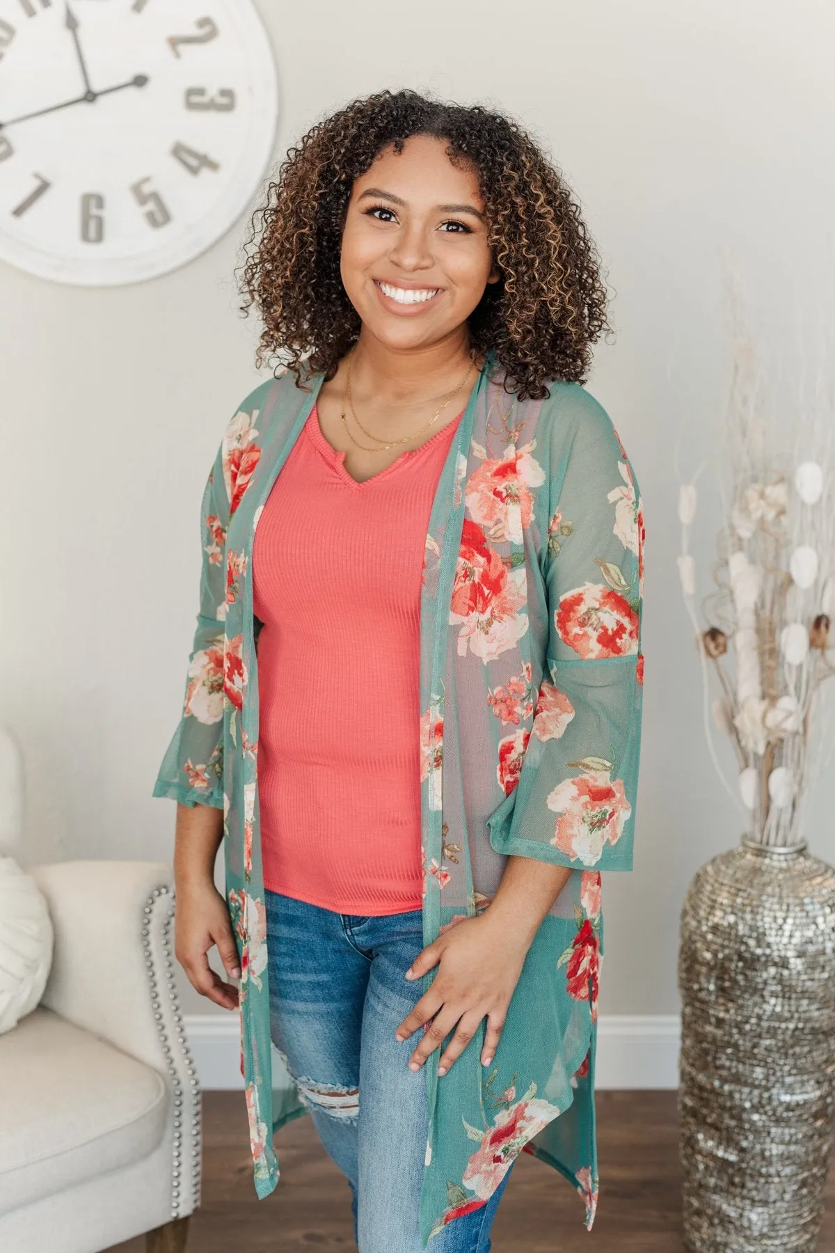 Sweet As A Treat Lightweight Kimono- Dusty Teal