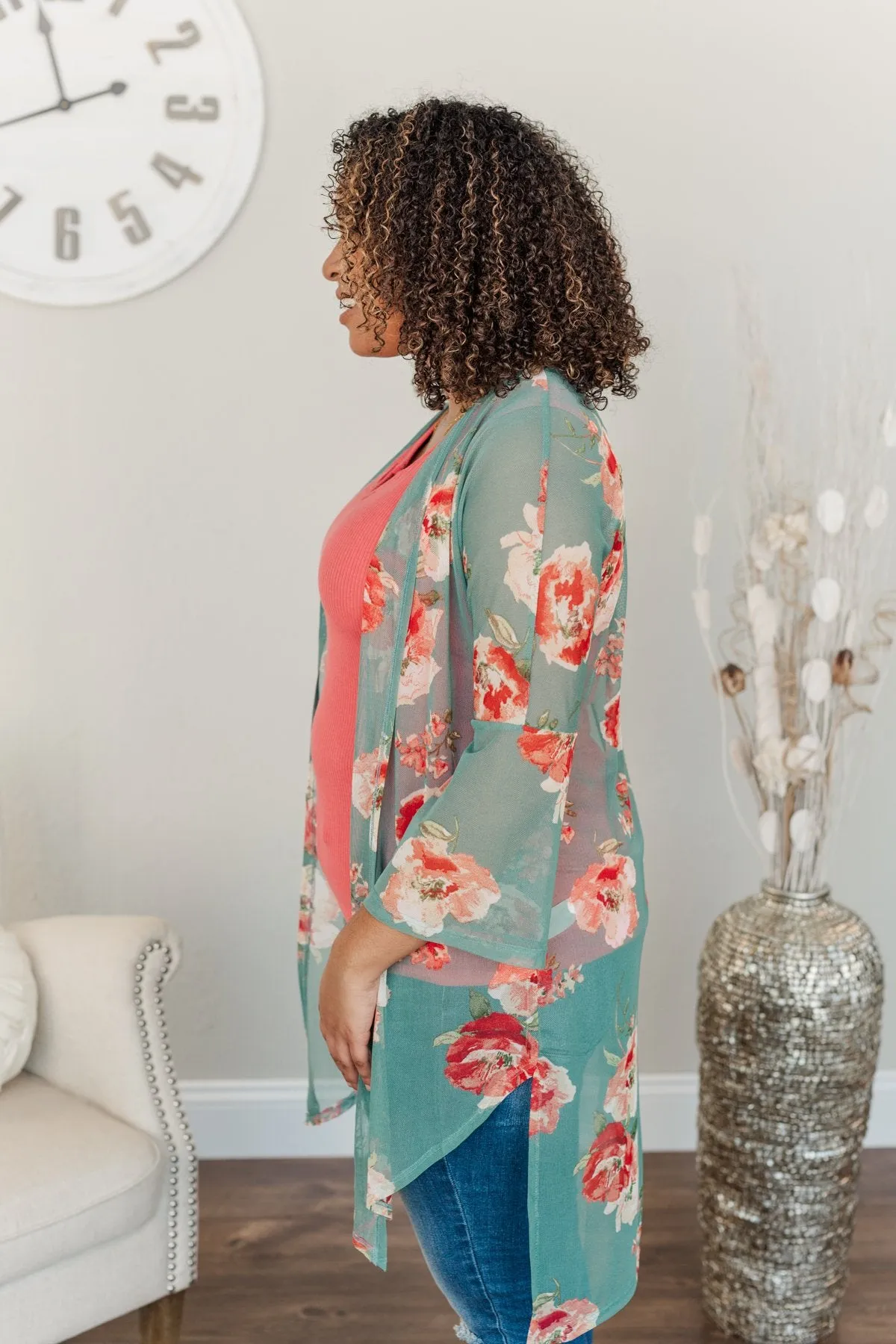 Sweet As A Treat Lightweight Kimono- Dusty Teal