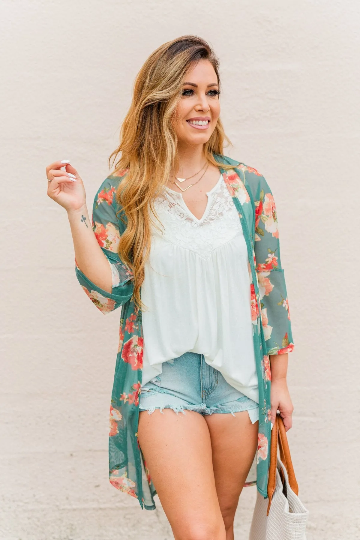 Sweet As A Treat Lightweight Kimono- Dusty Teal