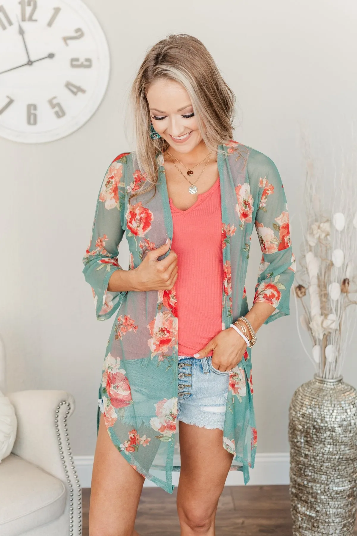 Sweet As A Treat Lightweight Kimono- Dusty Teal