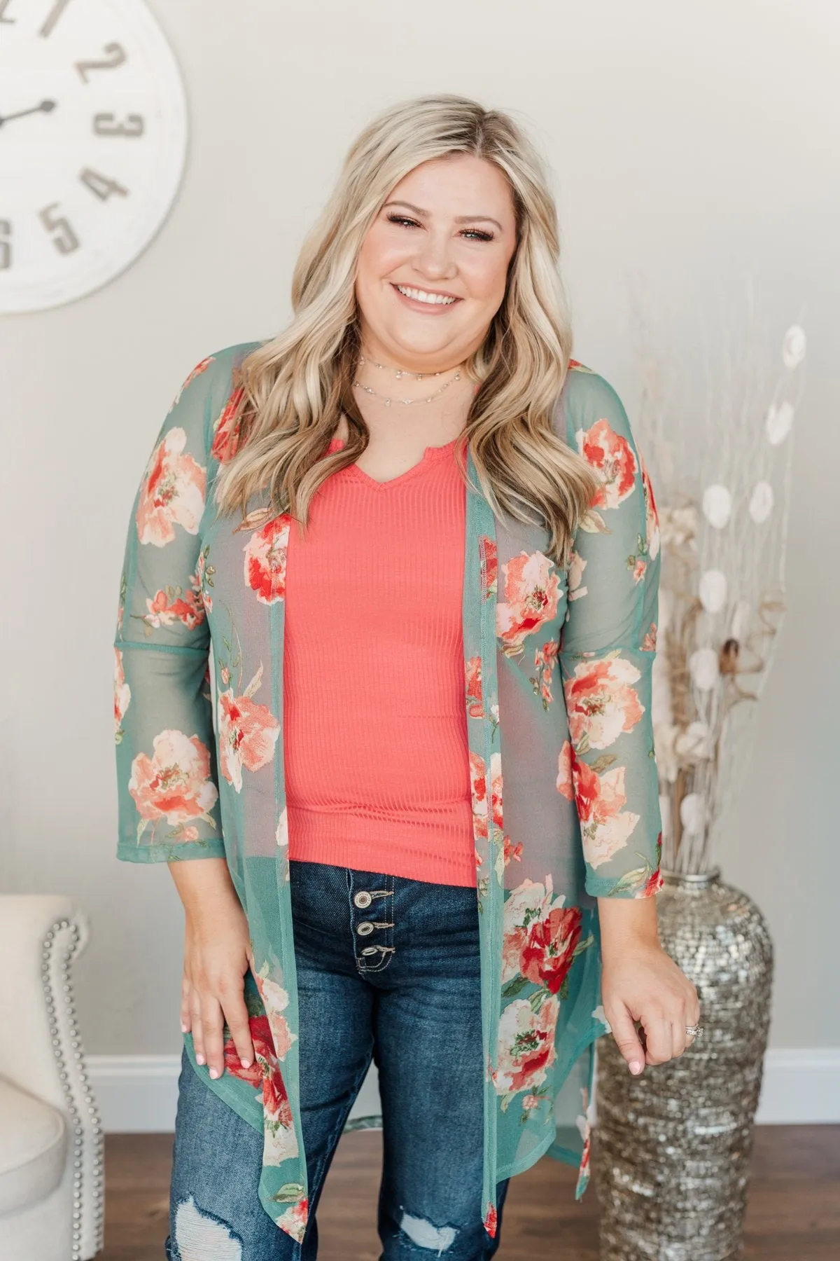 Sweet As A Treat Lightweight Kimono- Dusty Teal