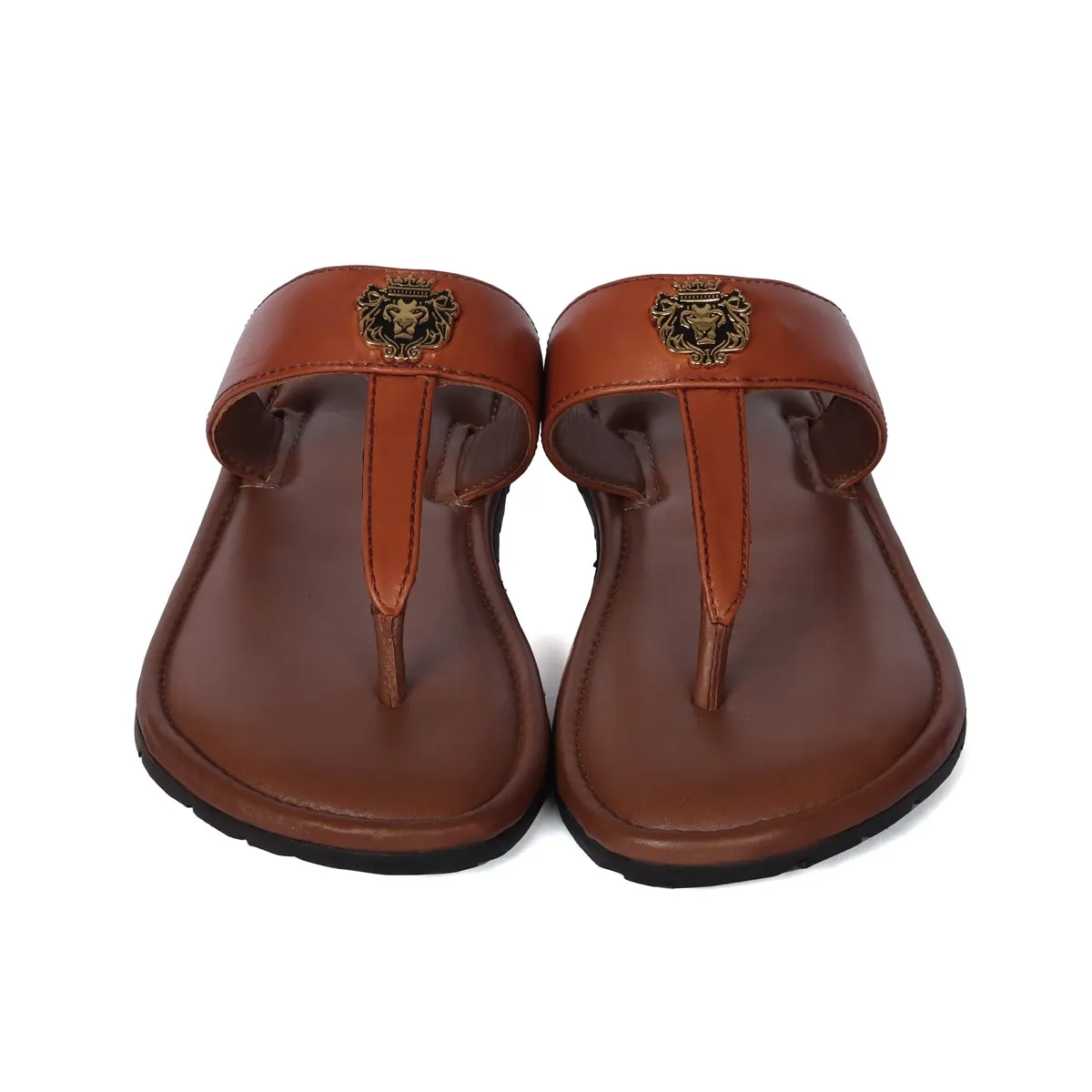 T-Strap Tan Genuine Leather Ladies Slippers with Metal Lion