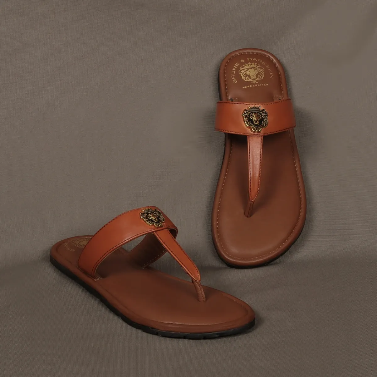 T-Strap Tan Genuine Leather Ladies Slippers with Metal Lion