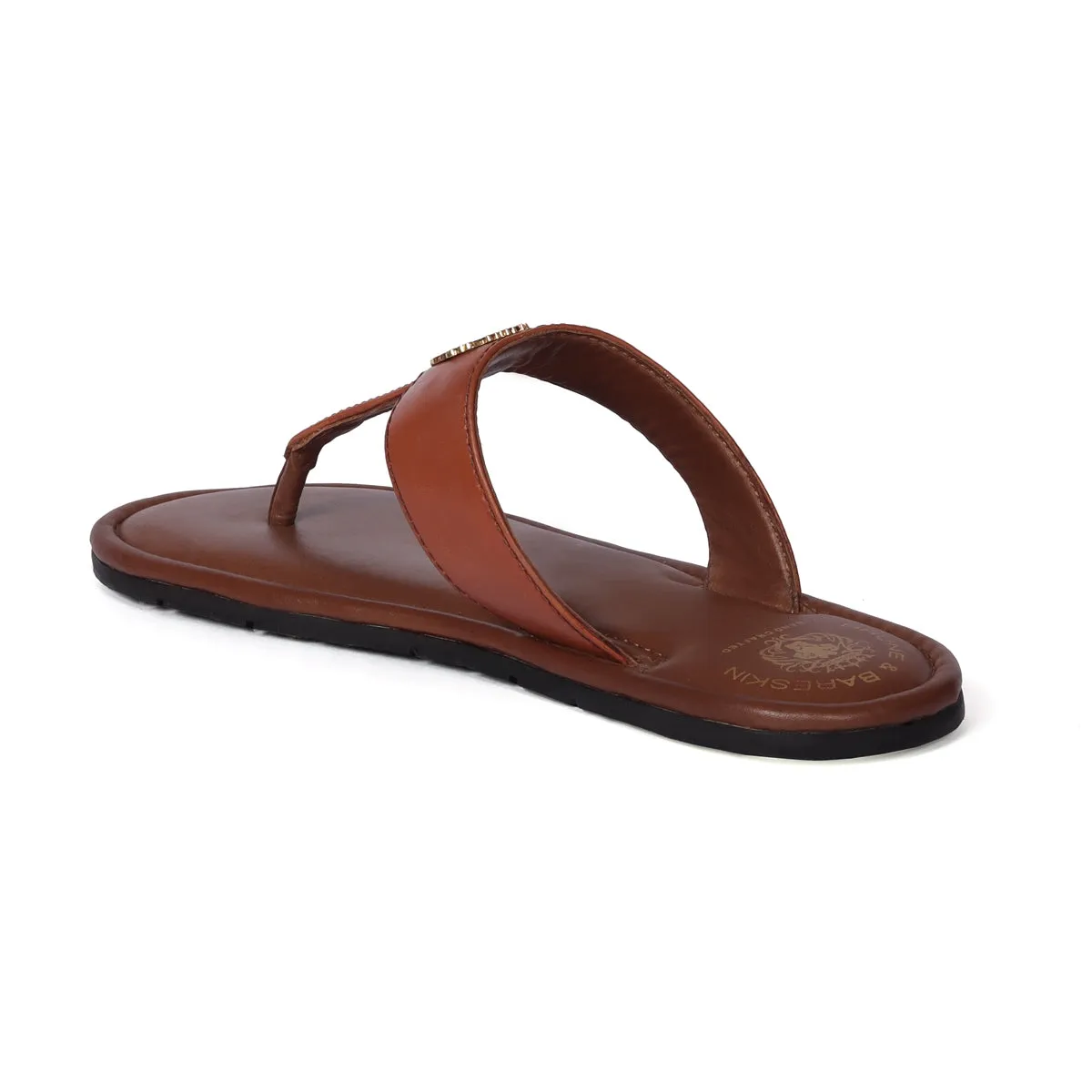 T-Strap Tan Genuine Leather Ladies Slippers with Metal Lion