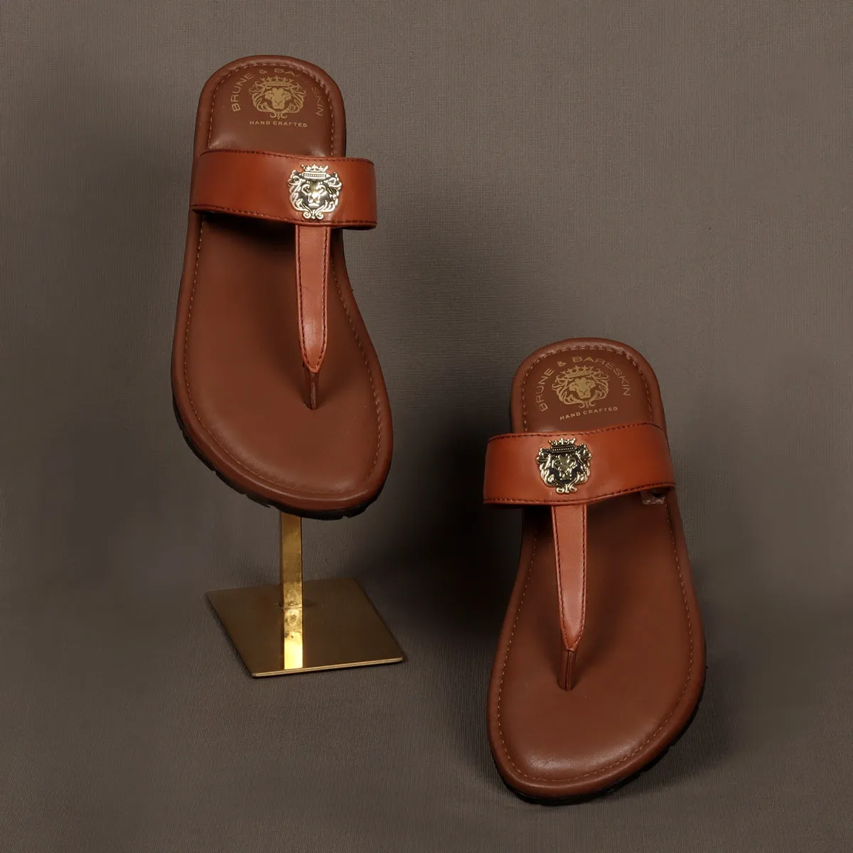 T-Strap Tan Genuine Leather Ladies Slippers with Metal Lion