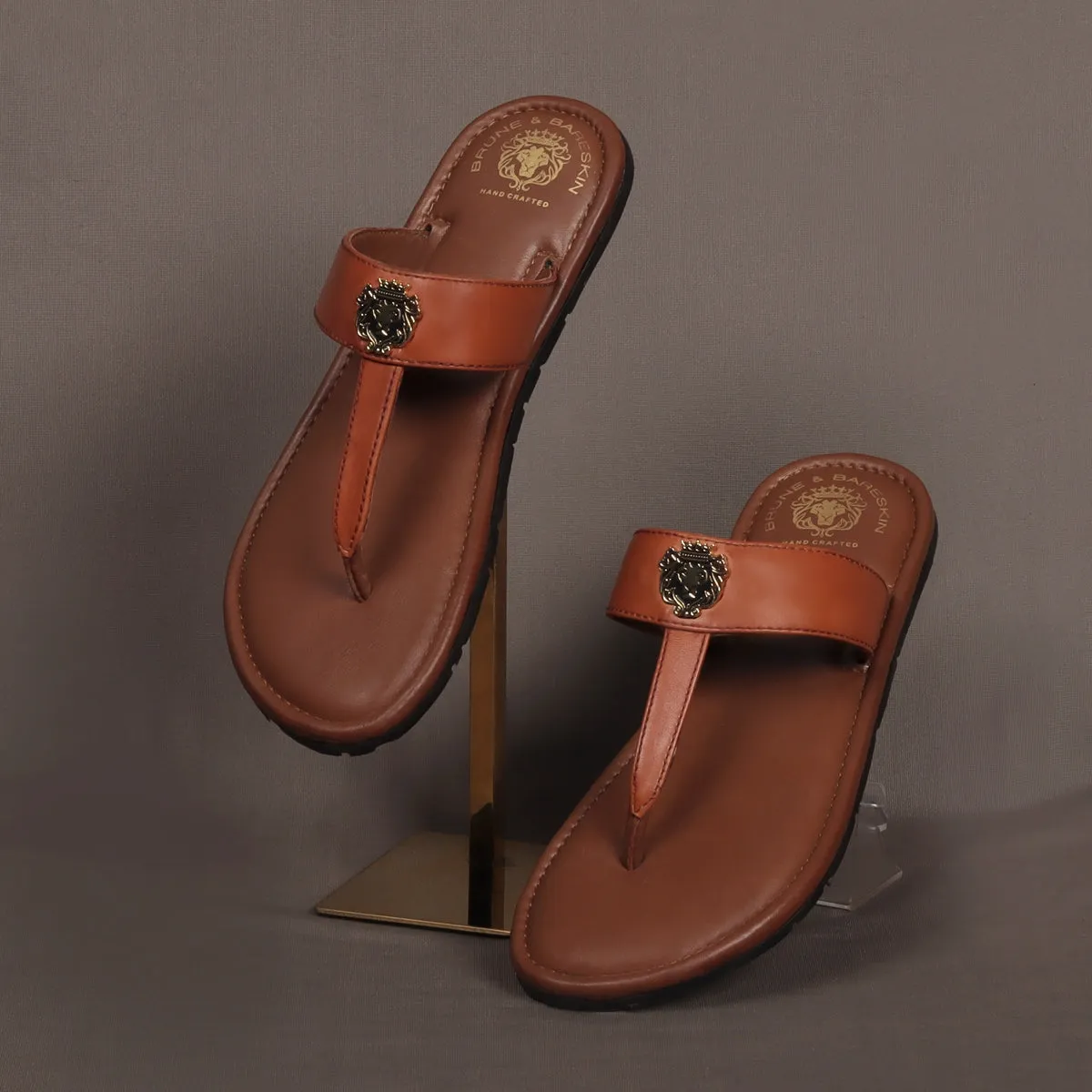 T-Strap Tan Genuine Leather Ladies Slippers with Metal Lion