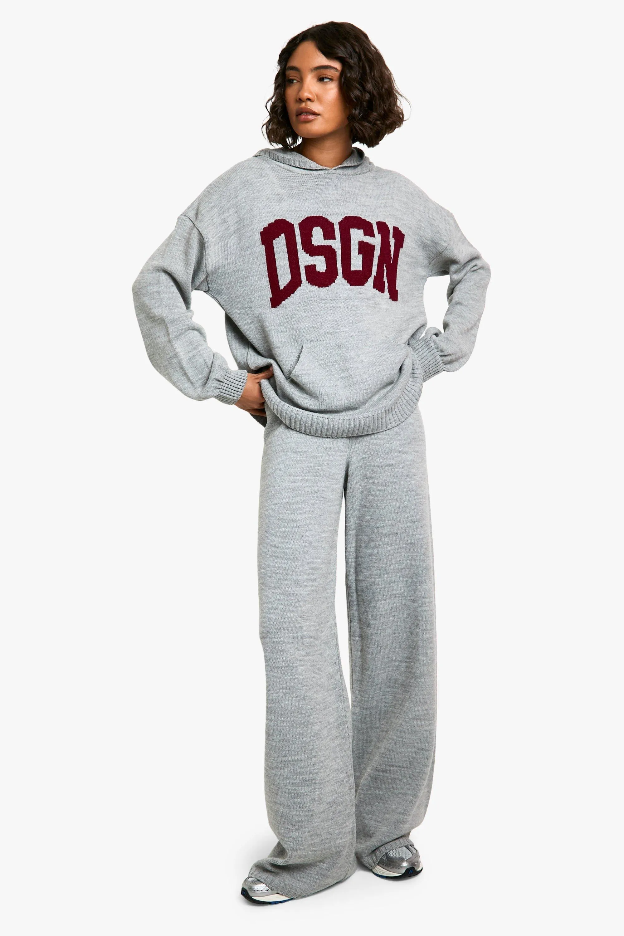 Tall Dsgn Knitted Contrast Hoodie And Wide Leg Pants Two-Piece