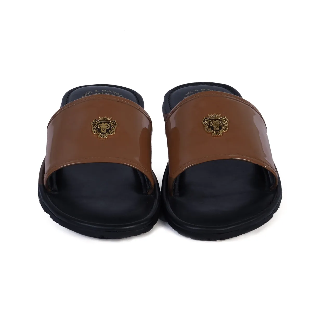 Tan Brush-Off Black Base With Golden Lion logo Leather Slide-In-Slippers