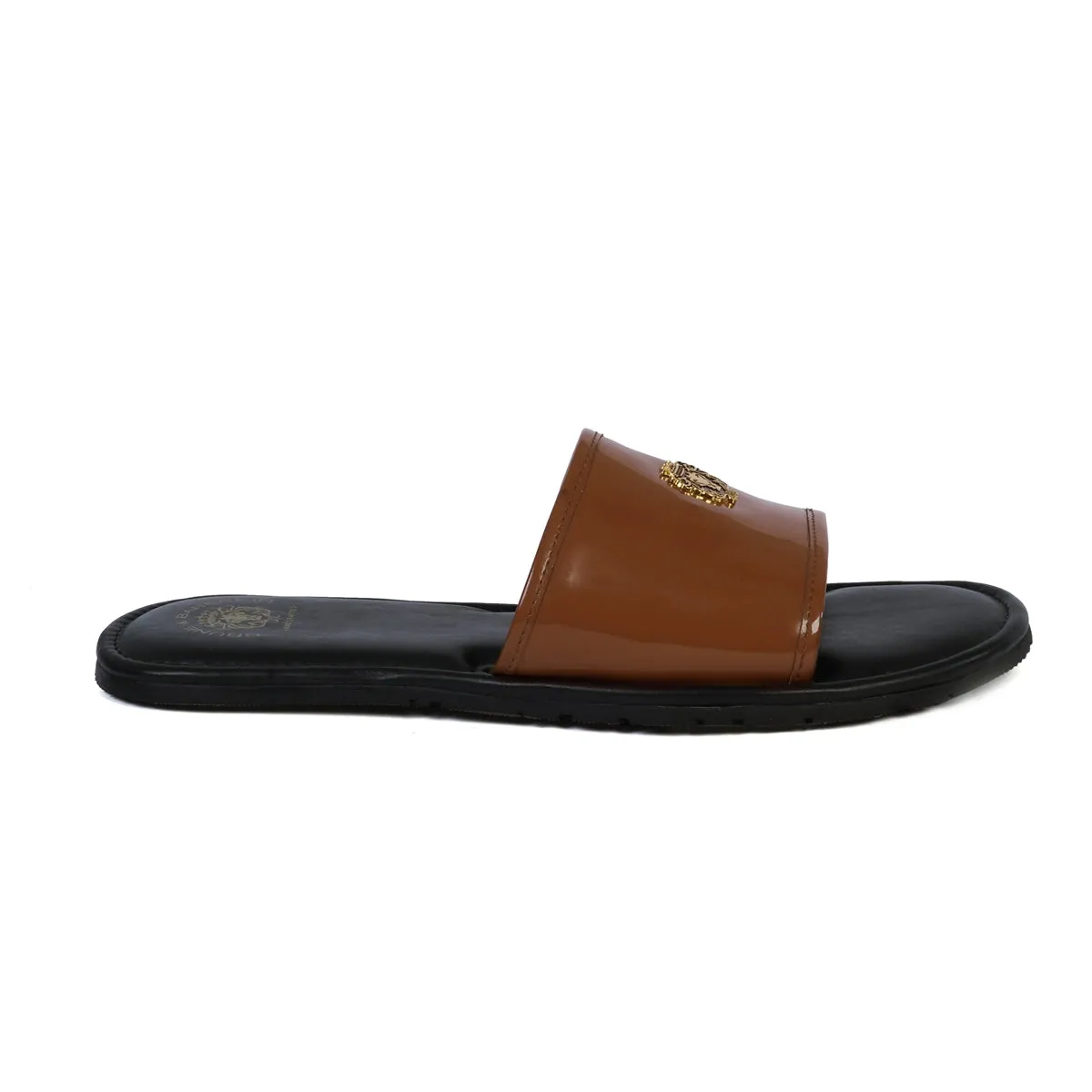 Tan Brush-Off Black Base With Golden Lion logo Leather Slide-In-Slippers