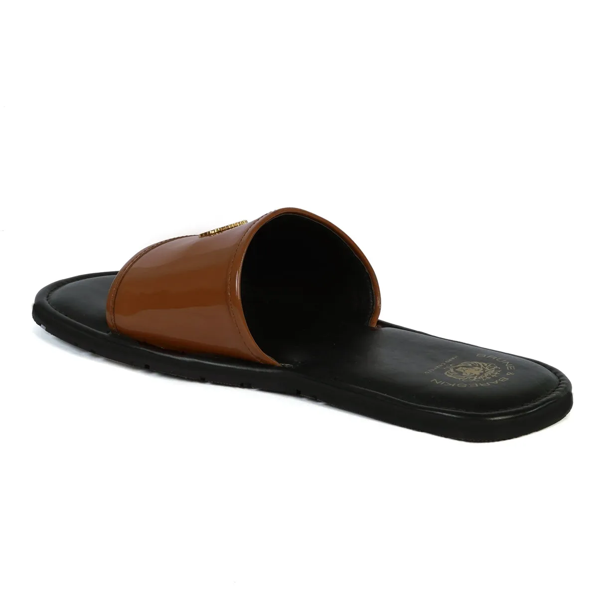 Tan Brush-Off Black Base With Golden Lion logo Leather Slide-In-Slippers