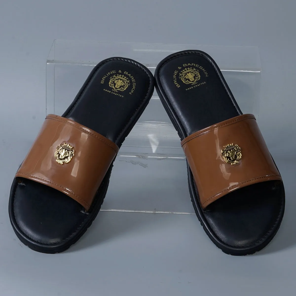 Tan Brush-Off Black Base With Golden Lion logo Leather Slide-In-Slippers