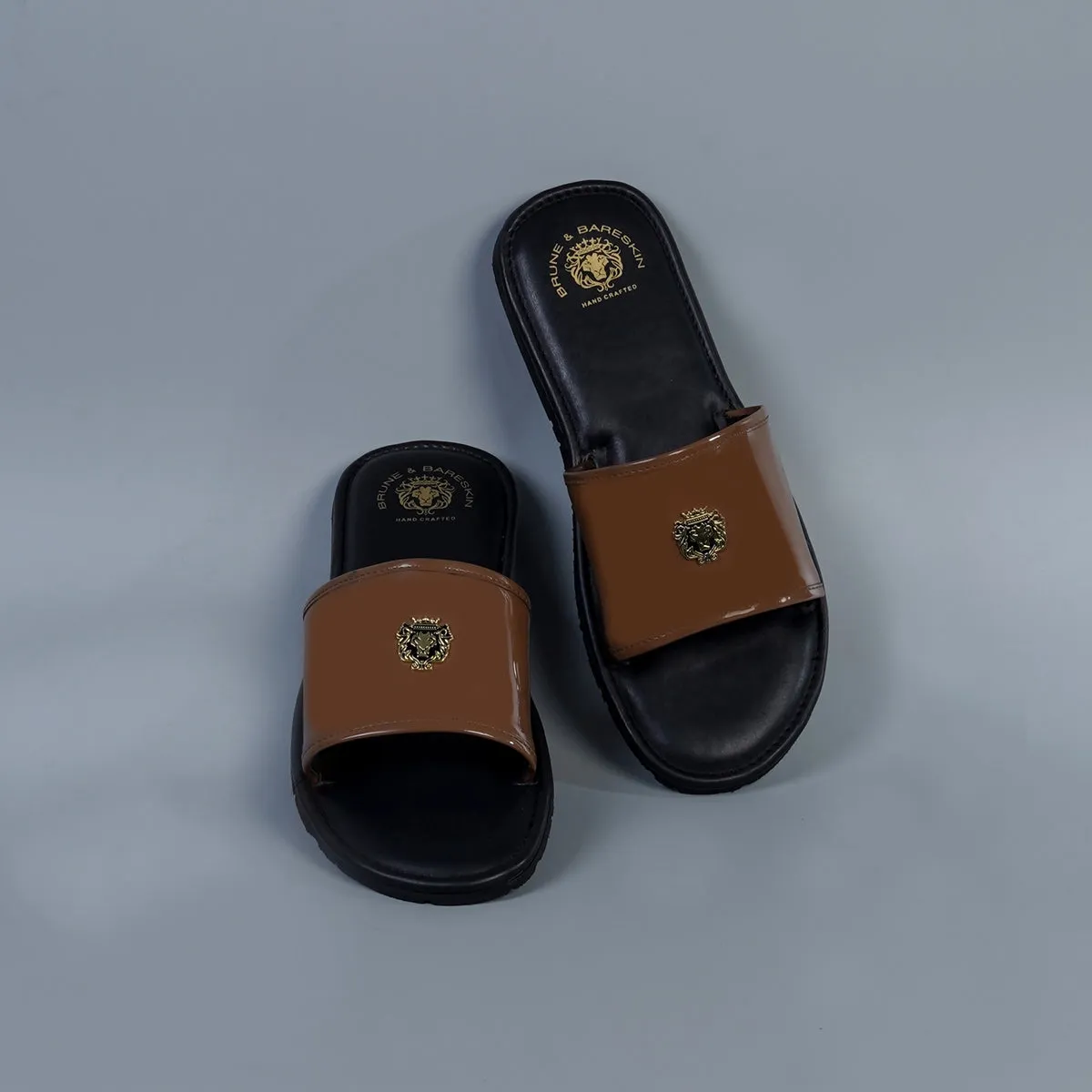 Tan Brush-Off Black Base With Golden Lion logo Leather Slide-In-Slippers