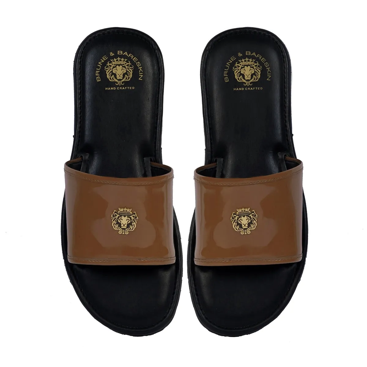 Tan Brush-Off Black Base With Golden Lion logo Leather Slide-In-Slippers