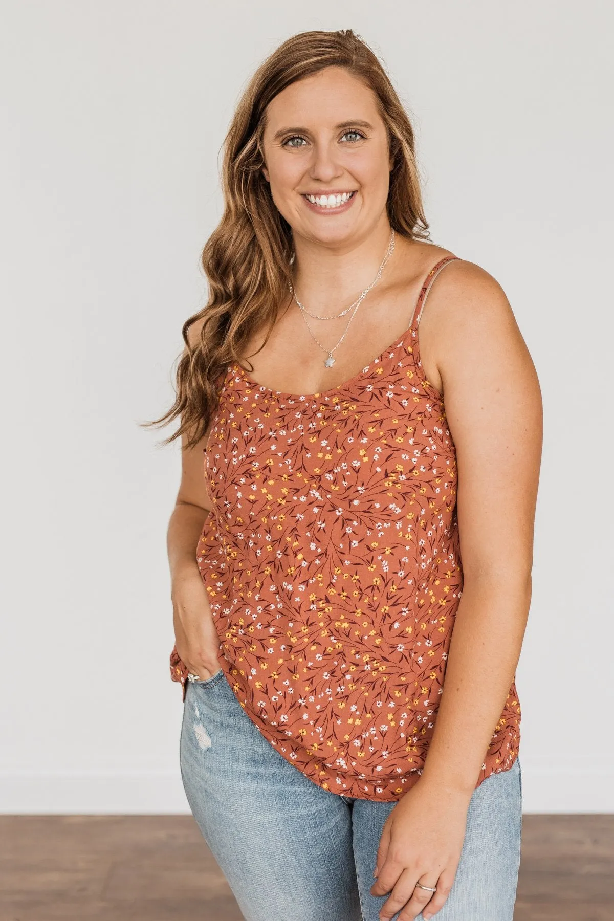 The Cutest Apple In The Orchard Floral Tank Top- Rust