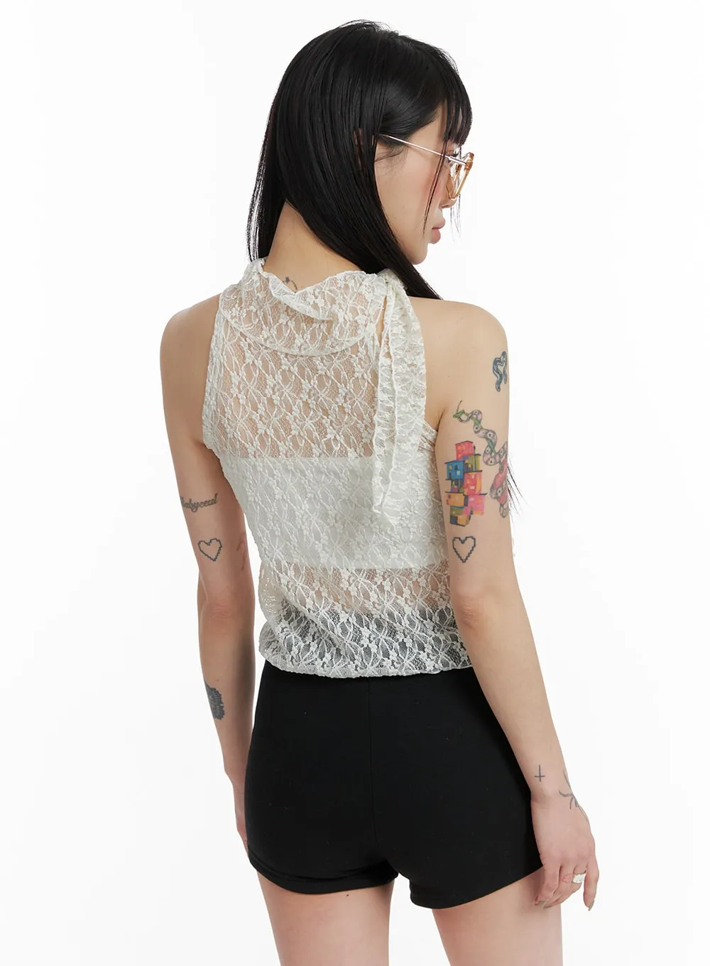 Tie Mesh Lace Sleeveless Top IF423