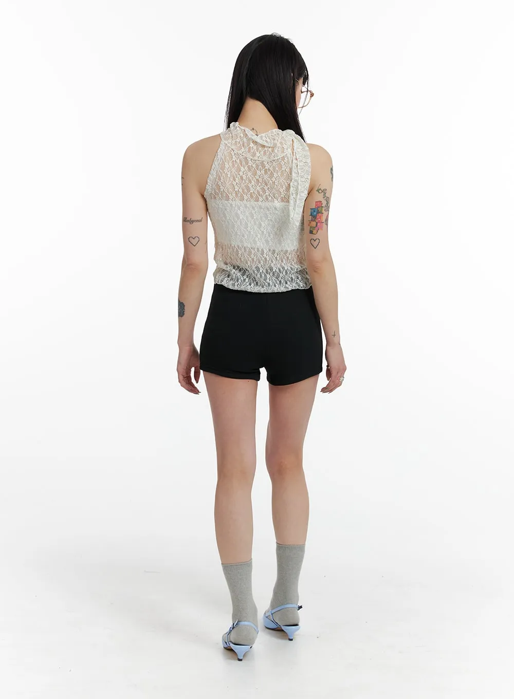 Tie Mesh Lace Sleeveless Top IF423