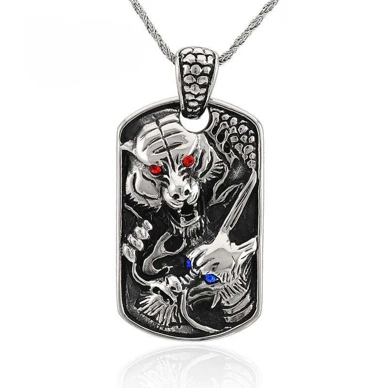 Viking Dragon Tiger Stainless Steel Dog Tag Pendant Necklace