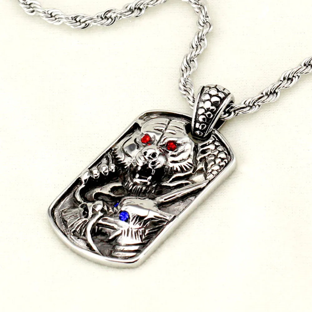 Viking Dragon Tiger Stainless Steel Dog Tag Pendant Necklace