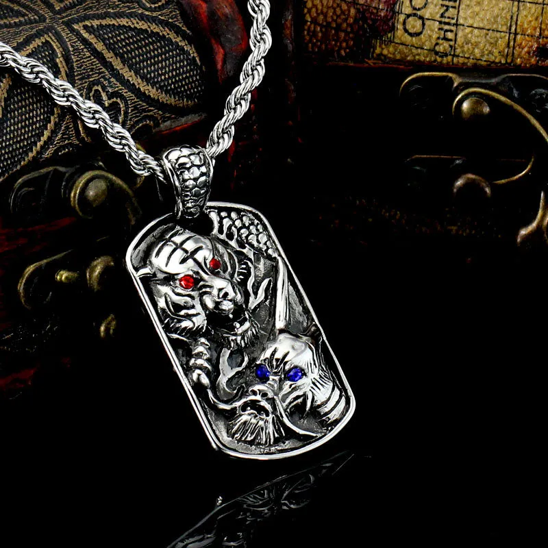 Viking Dragon Tiger Stainless Steel Dog Tag Pendant Necklace