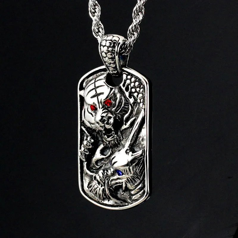 Viking Dragon Tiger Stainless Steel Dog Tag Pendant Necklace