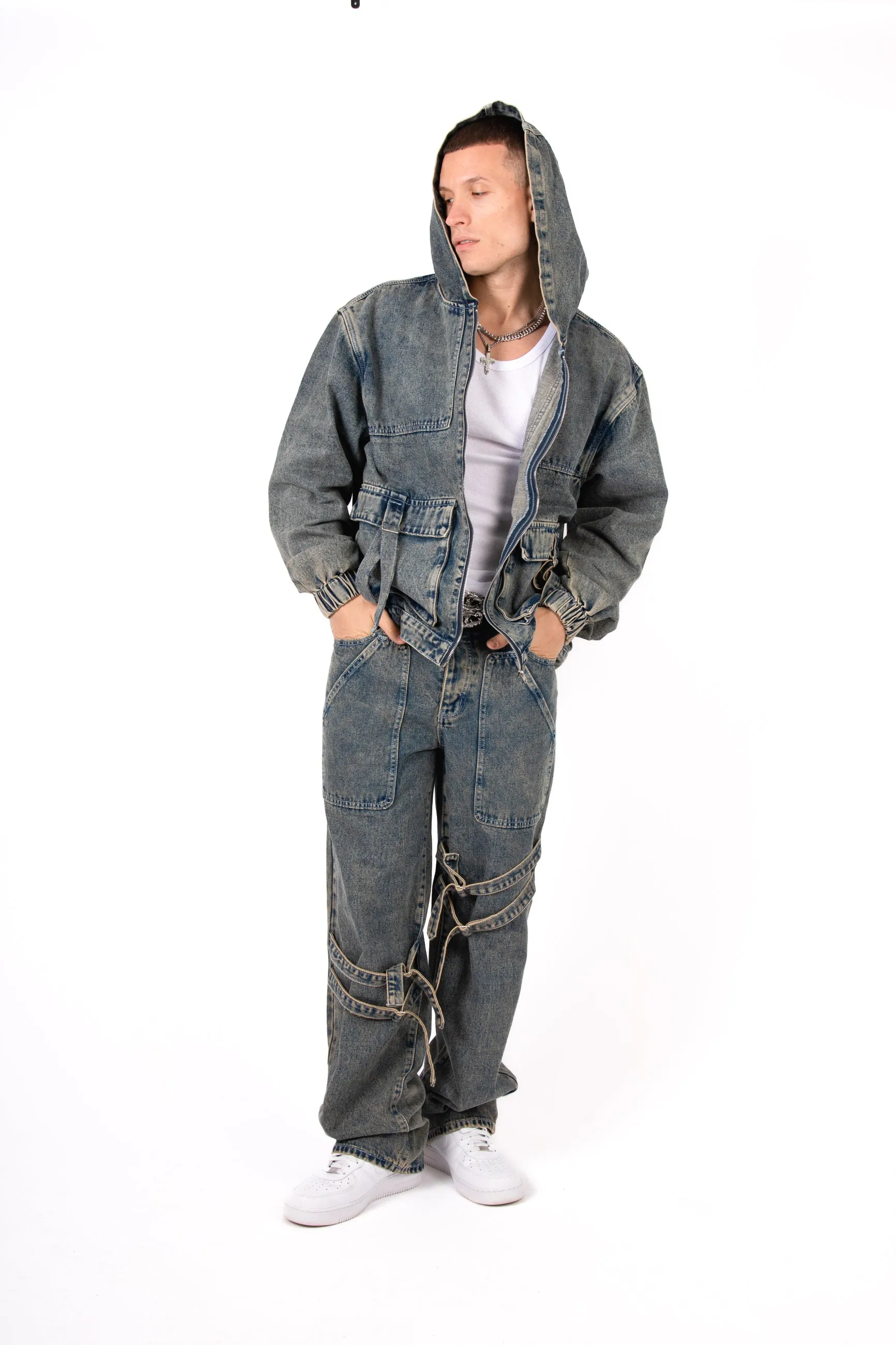 Vintage Wash Utility Buckle Oversized Denim Hoodie Jacket