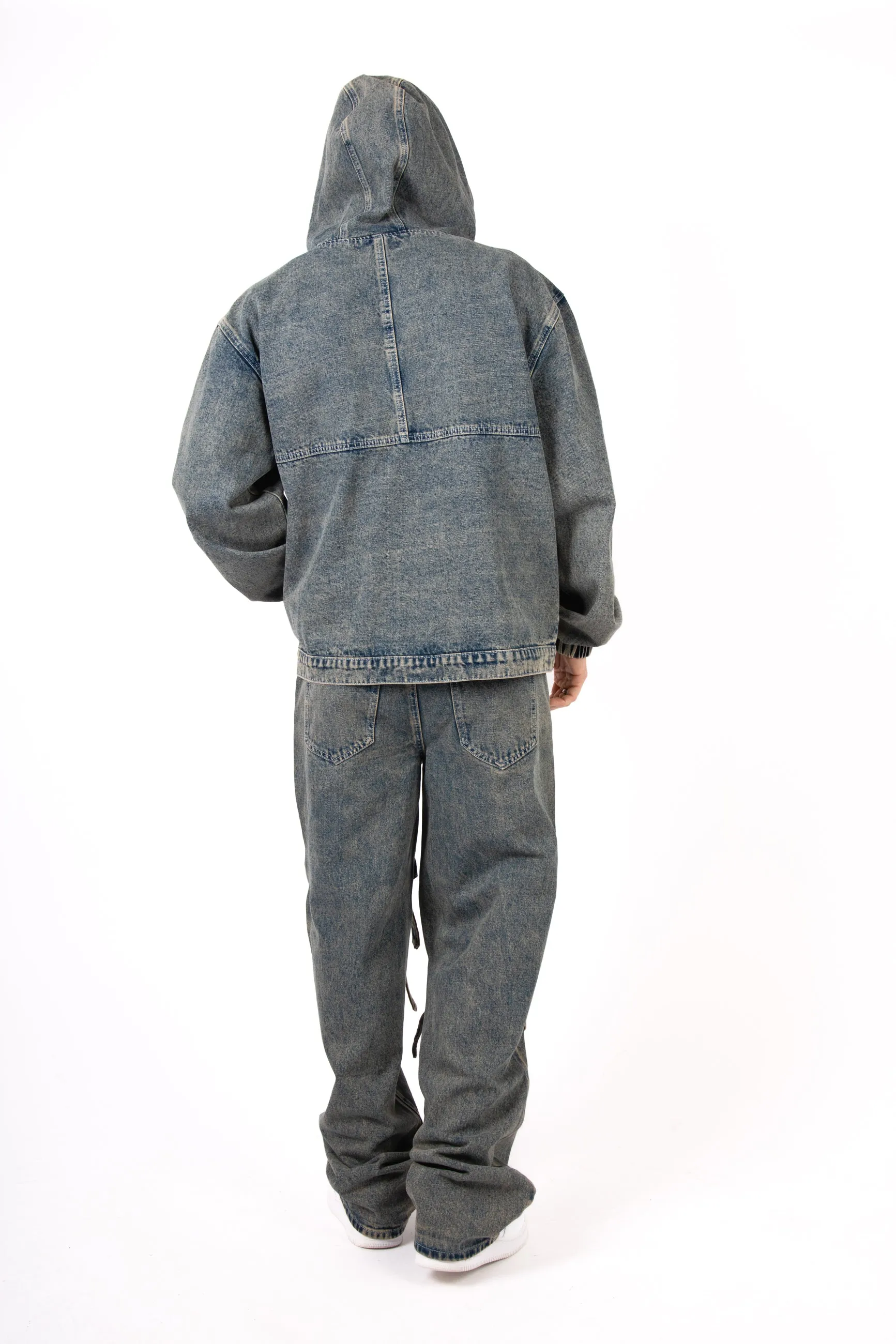 Vintage Wash Utility Buckle Oversized Denim Hoodie Jacket