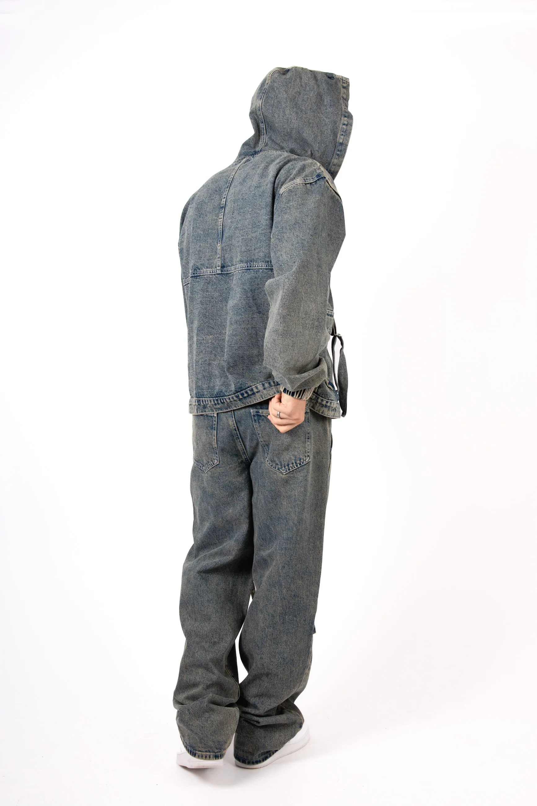 Vintage Wash Utility Buckle Oversized Denim Hoodie Jacket