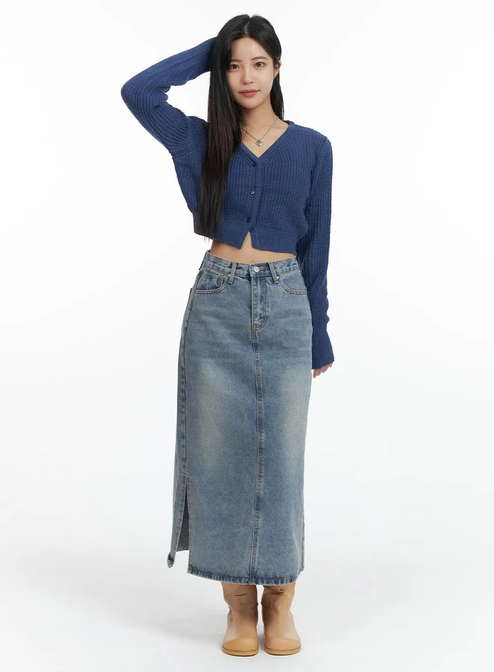 Washed Denim Maxi Skirt OF416