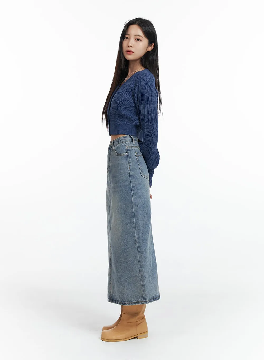 Washed Denim Maxi Skirt OF416