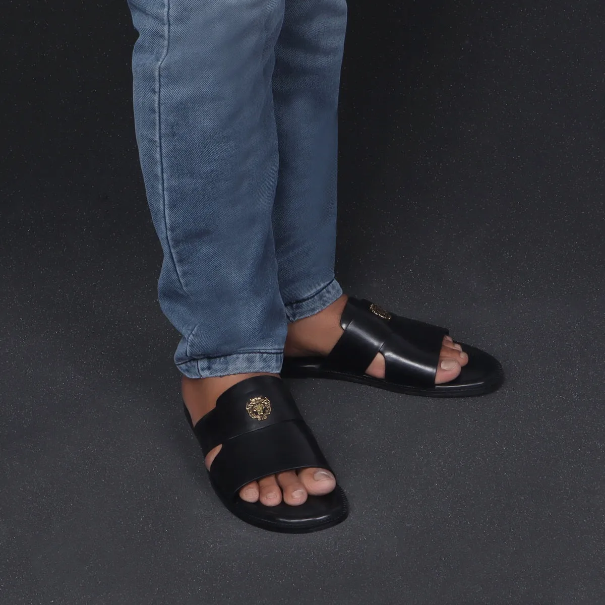 Welt Slippers with Broad Strapped Cut Out Detail Black Leather