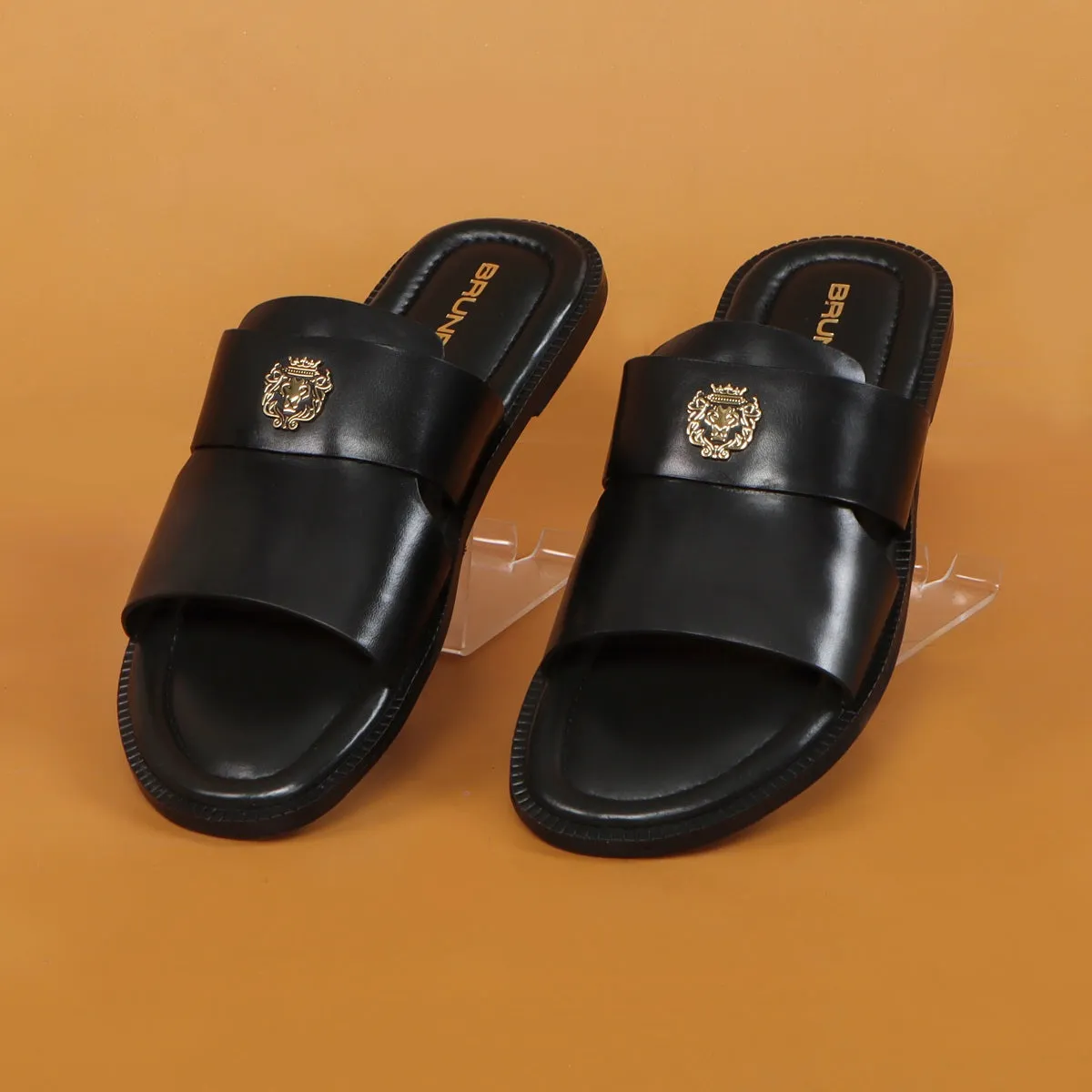 Welt Slippers with Broad Strapped Cut Out Detail Black Leather