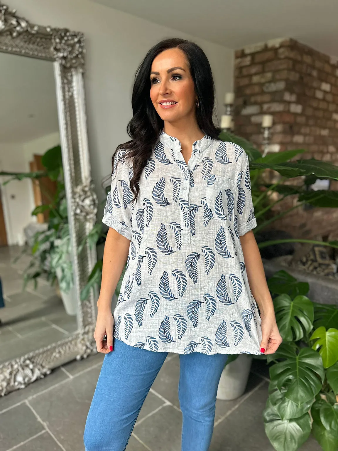 White Leaf Pattern Lightweight Shirt Connie