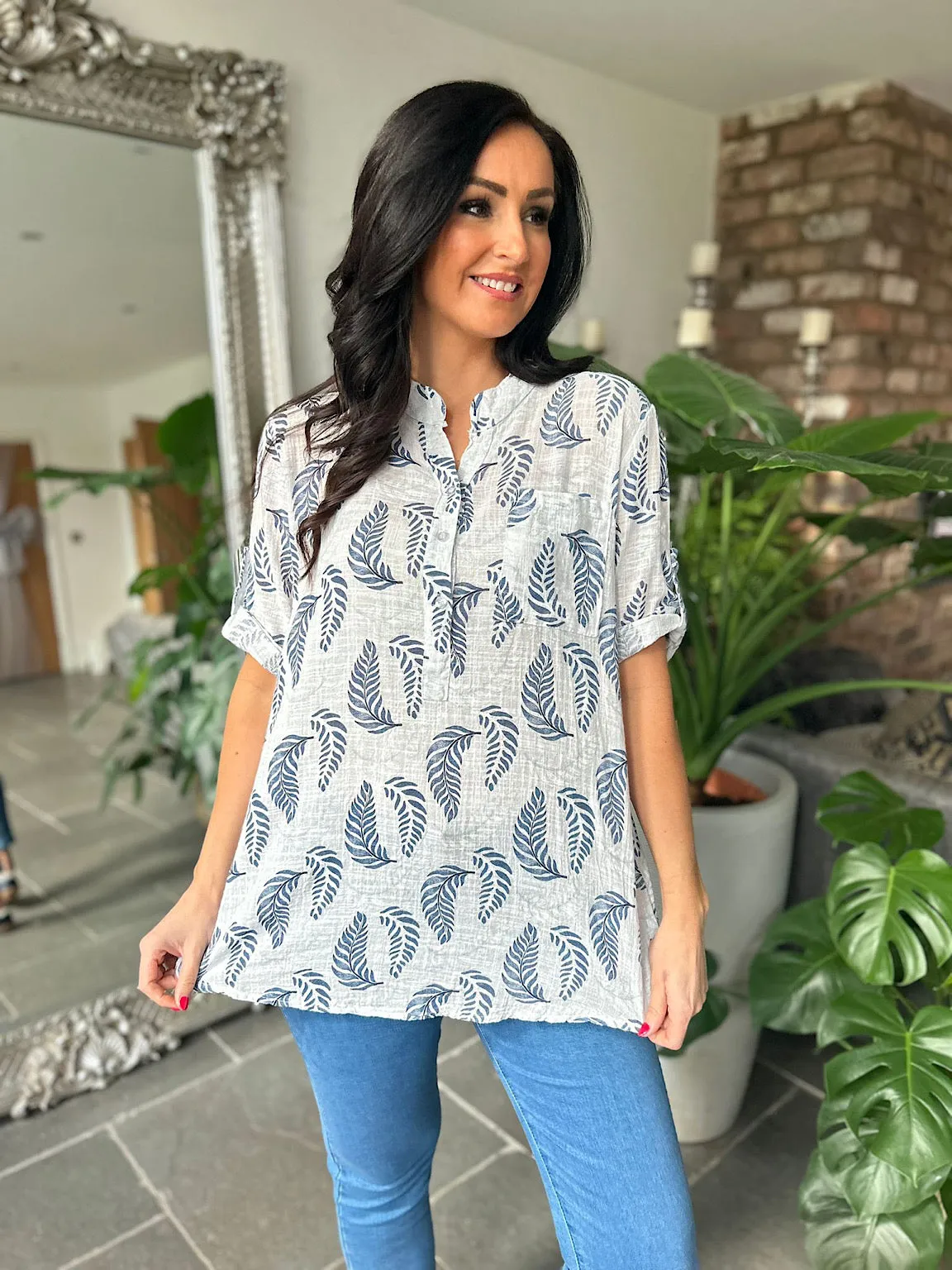 White Leaf Pattern Lightweight Shirt Connie