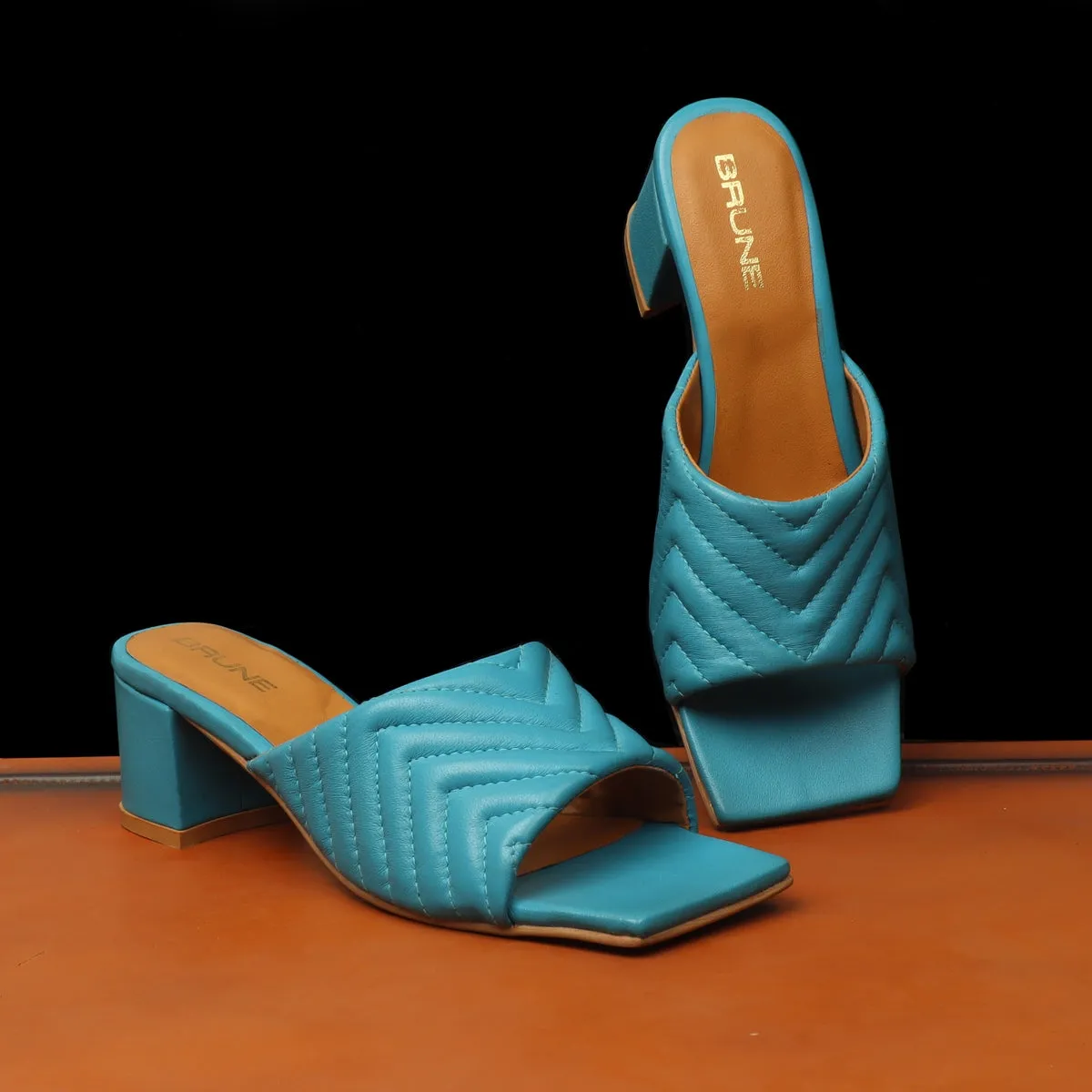 Women's Sky Blue Leather Squared Toe Wavy Cut Strap Slide-in-Slippers