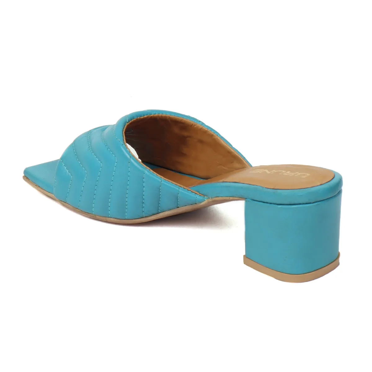 Women's Sky Blue Leather Squared Toe Wavy Cut Strap Slide-in-Slippers