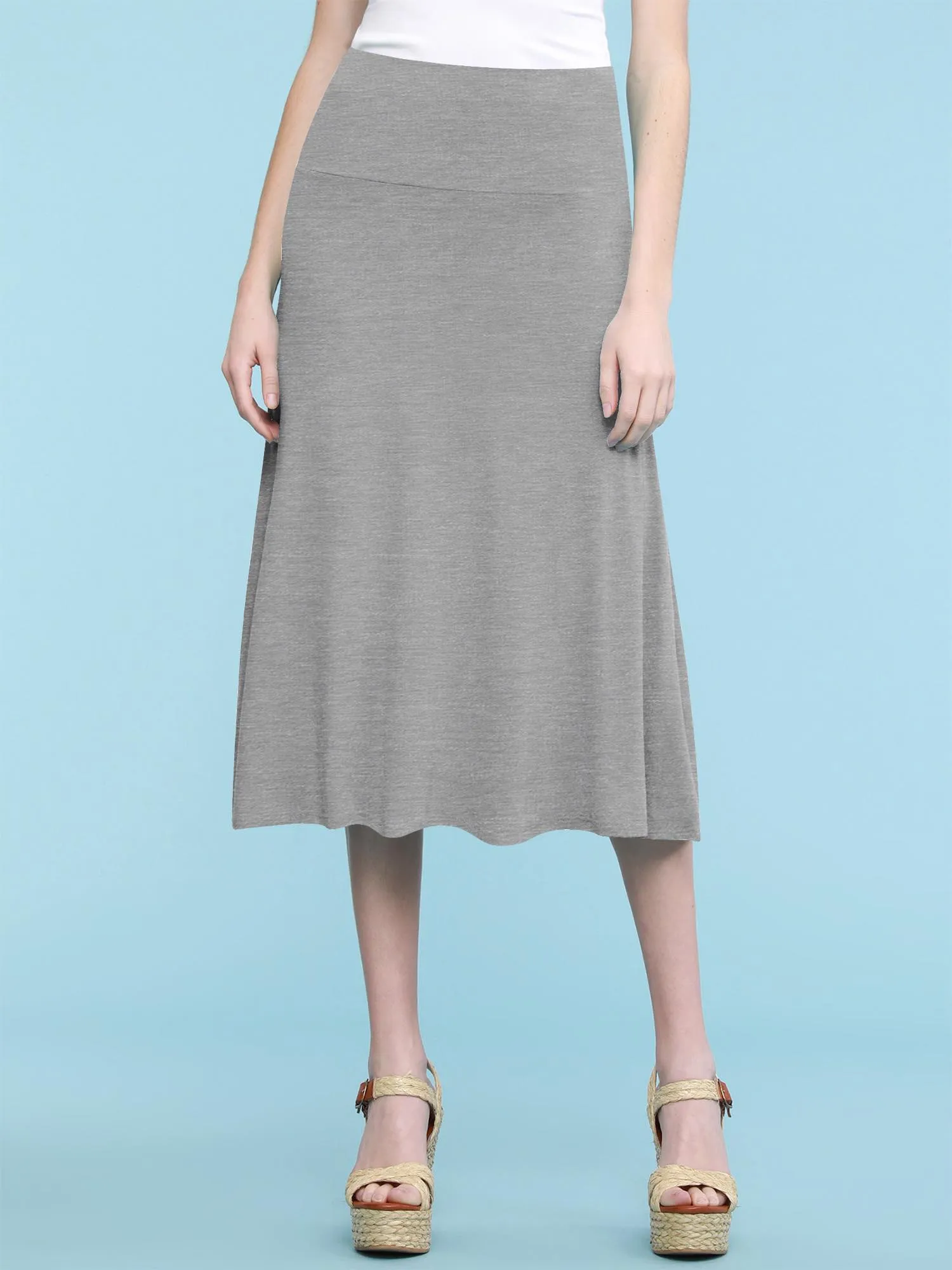 Women's Solid Lightweight Flare Midi Pull On Skirt