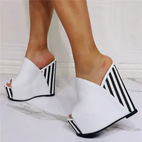 Women's Summer Concise Style Peep Toe Stripe Wedge Platform Sandals