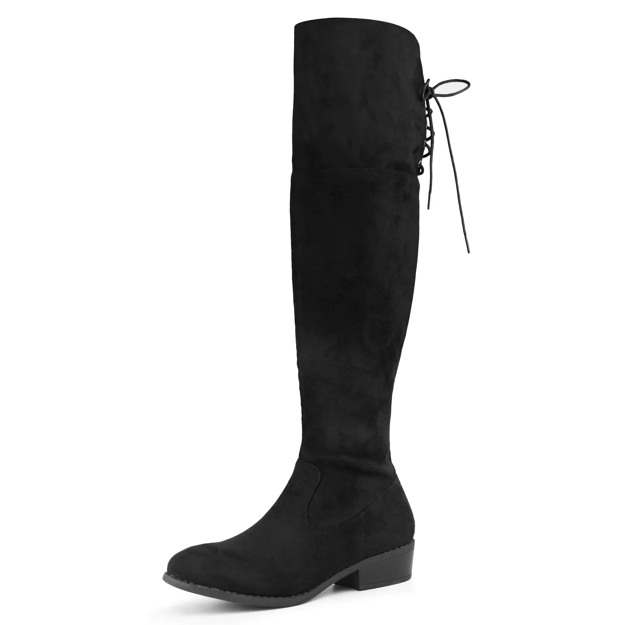 Women's Thigh High Fashion Boots Over The Knee Black Low Flat Heel Boots