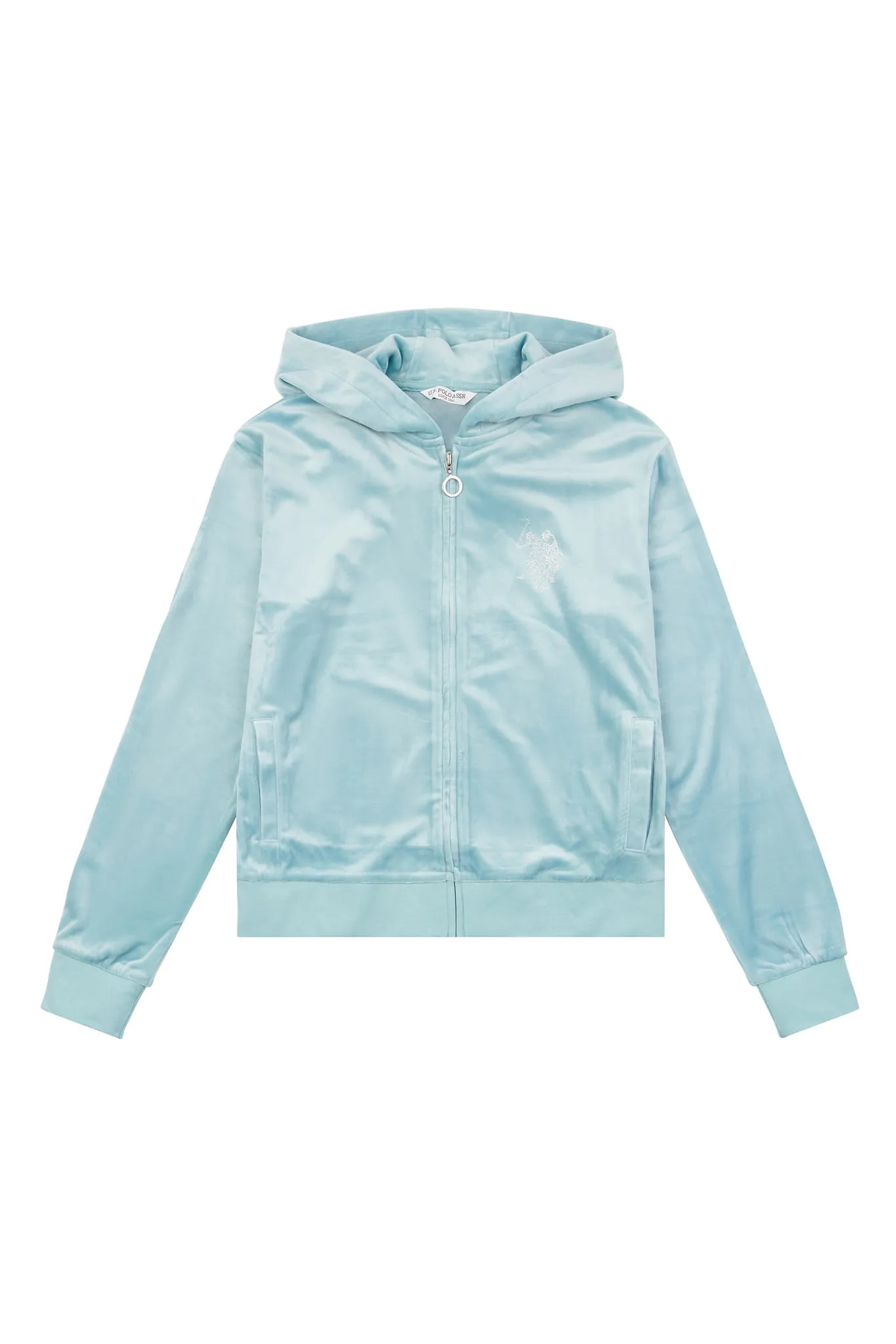 Womens Velour Diamante Zip-Through Hoodie in Cameo Blue